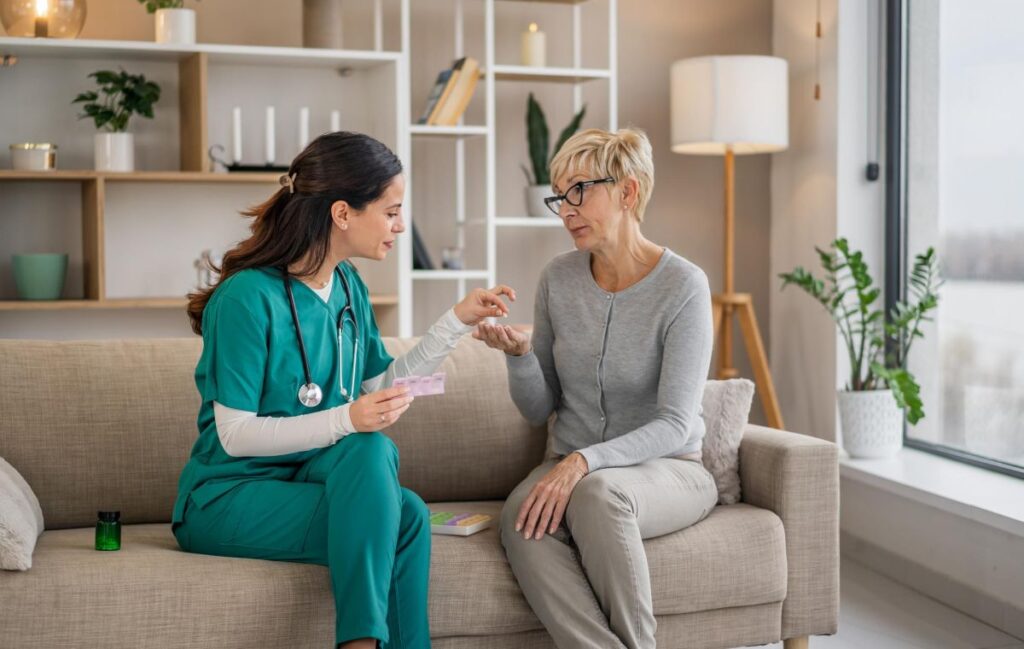 Caregiver assisting a senior with daily medication in a home setting